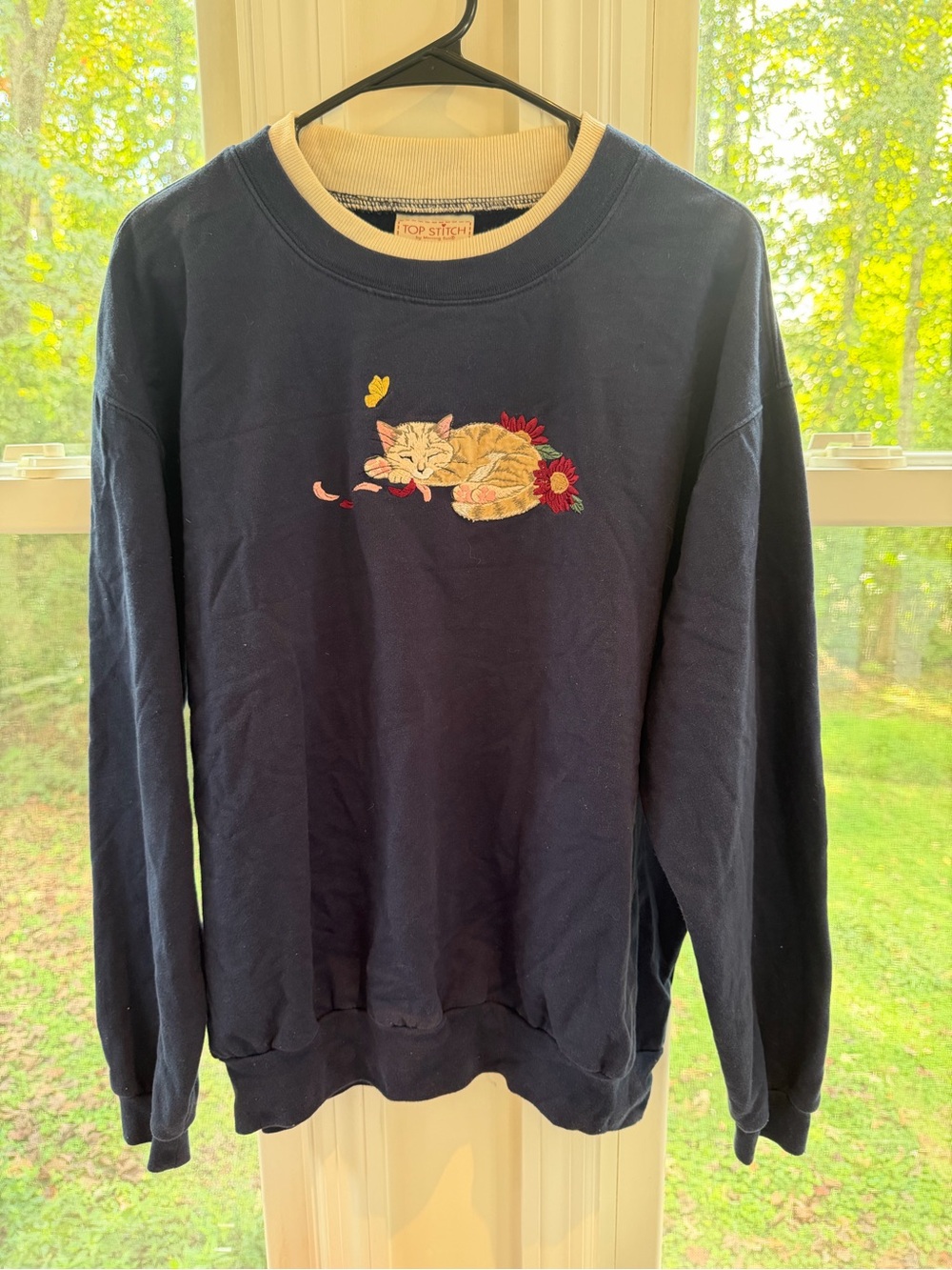 Vintage Morning Sun Top Stitch Navy Crewneck Sweater with Embroidered Cat granny
